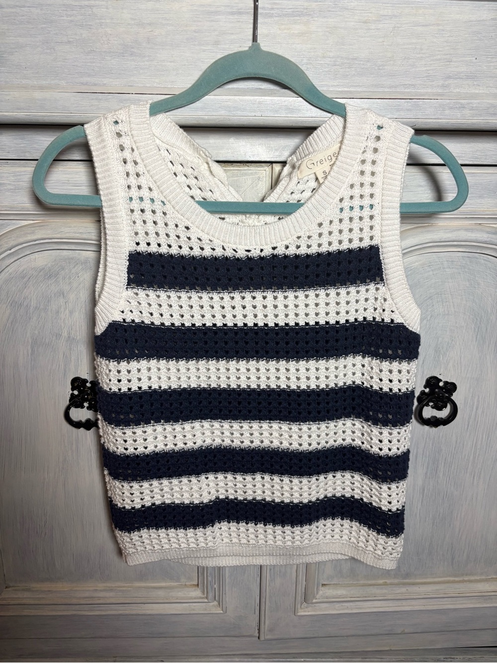 Navy White Stripe Open Knit Sweater Tank Coastal Preppy Beach Resort Nautical - Picture 2 of 7